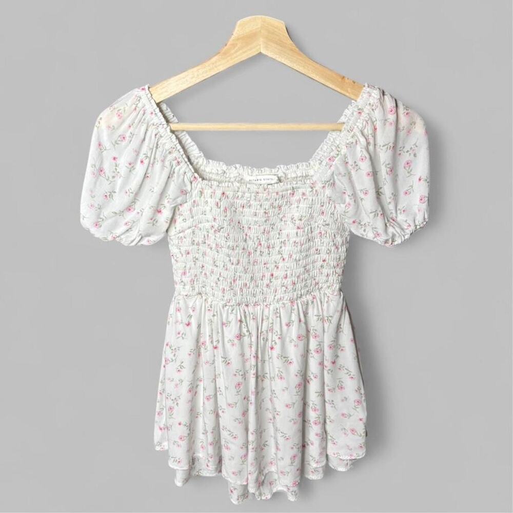 Altar'd State White Pink Floral Smocked Puff Sleeve Romper XS